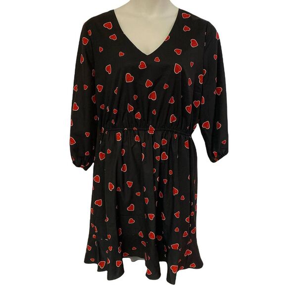 ⭐️Hutch Heart Print Knee Length Fit & Flare Black Office Party Matte Satin Dress - Picture 3 of 12